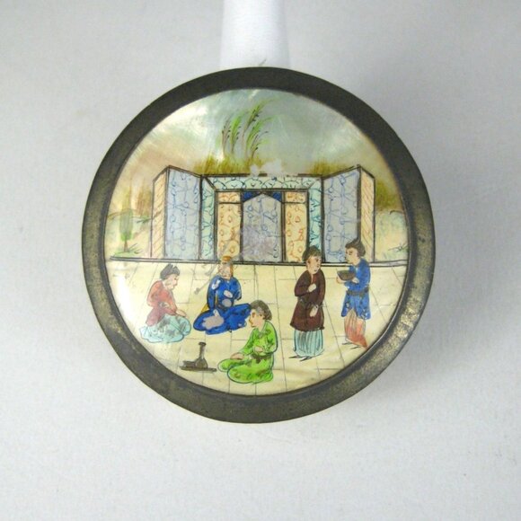 Vintage Hand Painted Asian Trinket Box Mirror Top Mother Of Pearl Silver Plated - Picture 1 of 15